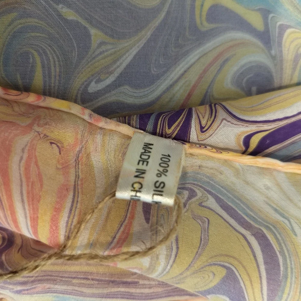 100% Silk Scarf Marbled Wavy Psychedelic Multicolor 56 x 11